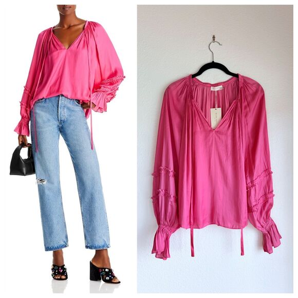 NWT Ramy Brook Maty Ruffle Sleeve Tie Neck Blouse in Bright Pink Size XS - Picture 1 of 13